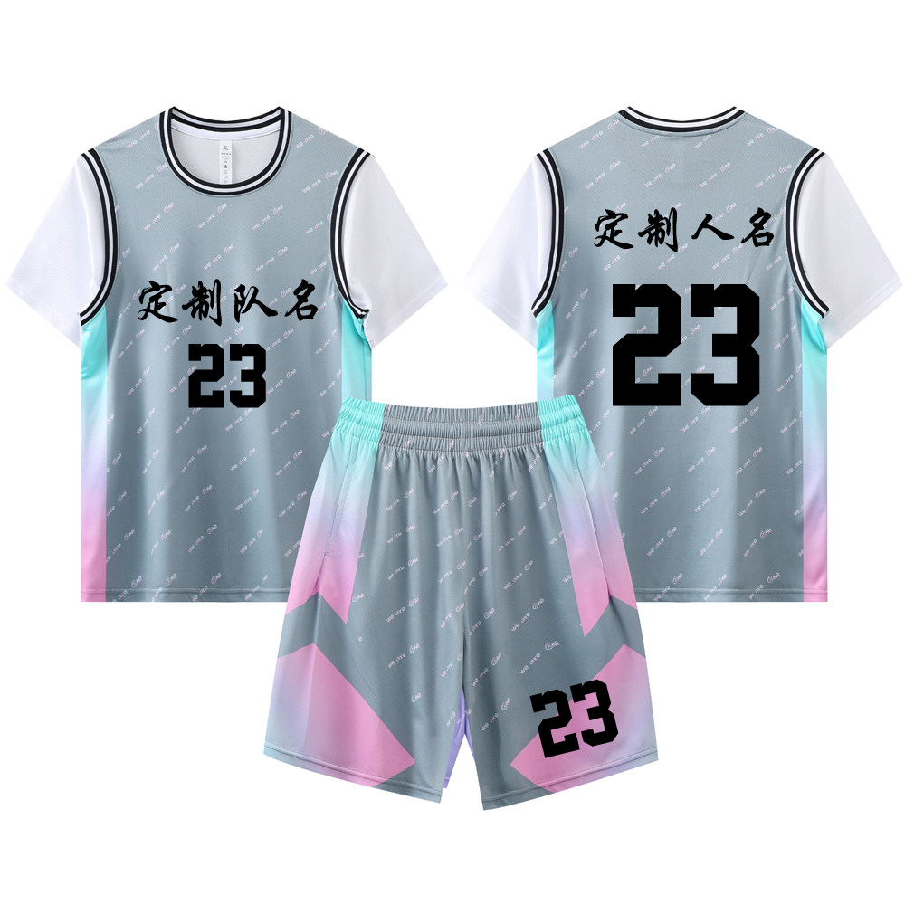 女款女生女童学生假两件短袖篮球服运动健身套装定制印刷B005灰色
