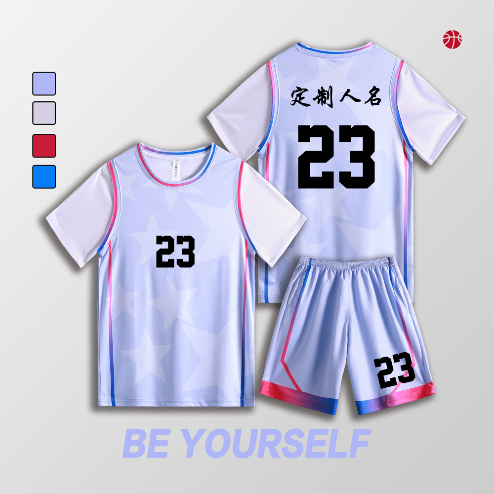 女款女生女童学生假两件短袖篮球服运动健身套装定制印刷B008浅紫