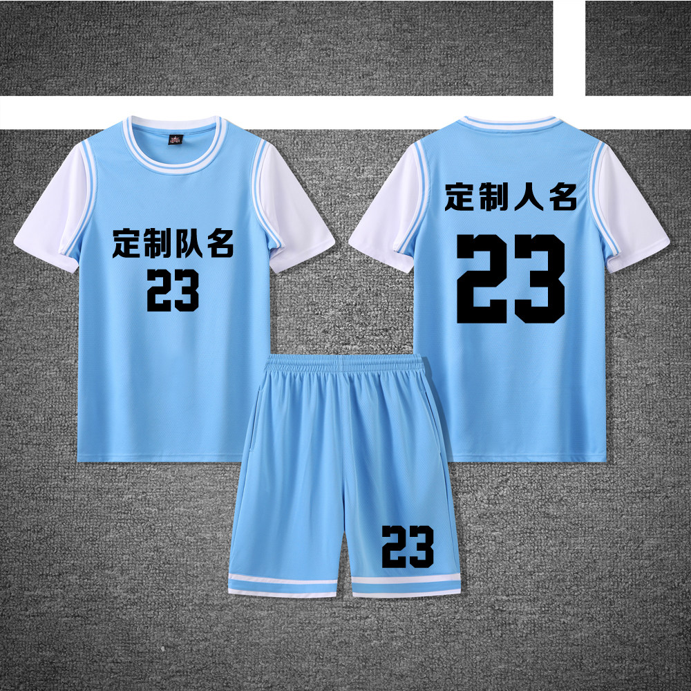 女款女士女生学生假两件短袖篮球服运动健身套装定制印刷A833天蓝