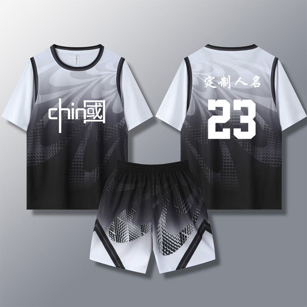 女款女生女童学生假两件短袖篮球服运动健身套装定制印刷3010黑色