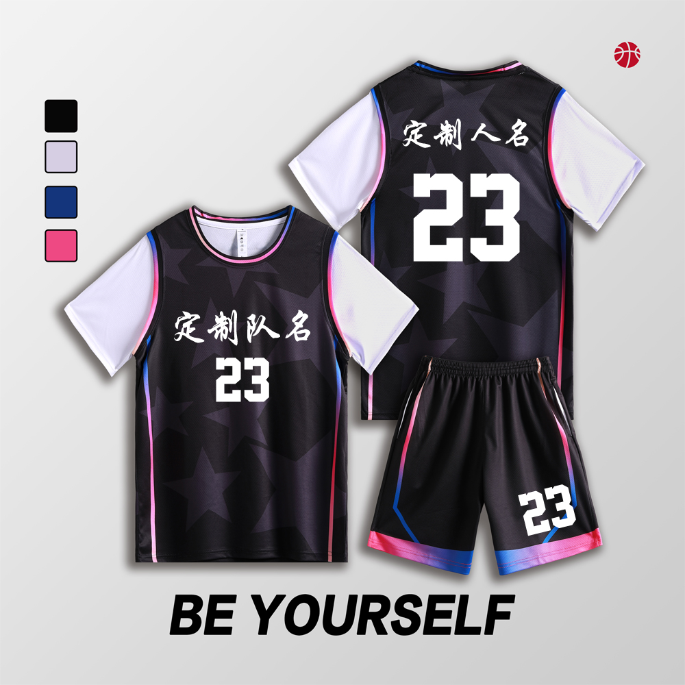 女款女生女童学生假两件短袖篮球服运动健身套装定制印刷B008黑色