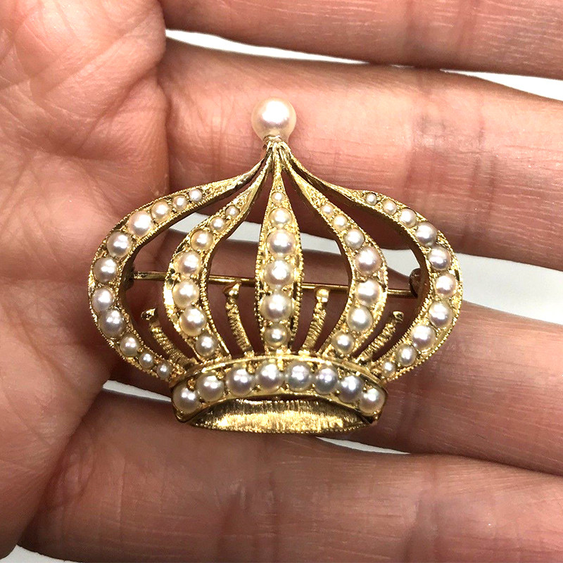 精奇首饰 古董维多利亚时期14K黄金天然种子珍珠皇冠胸针推荐超值