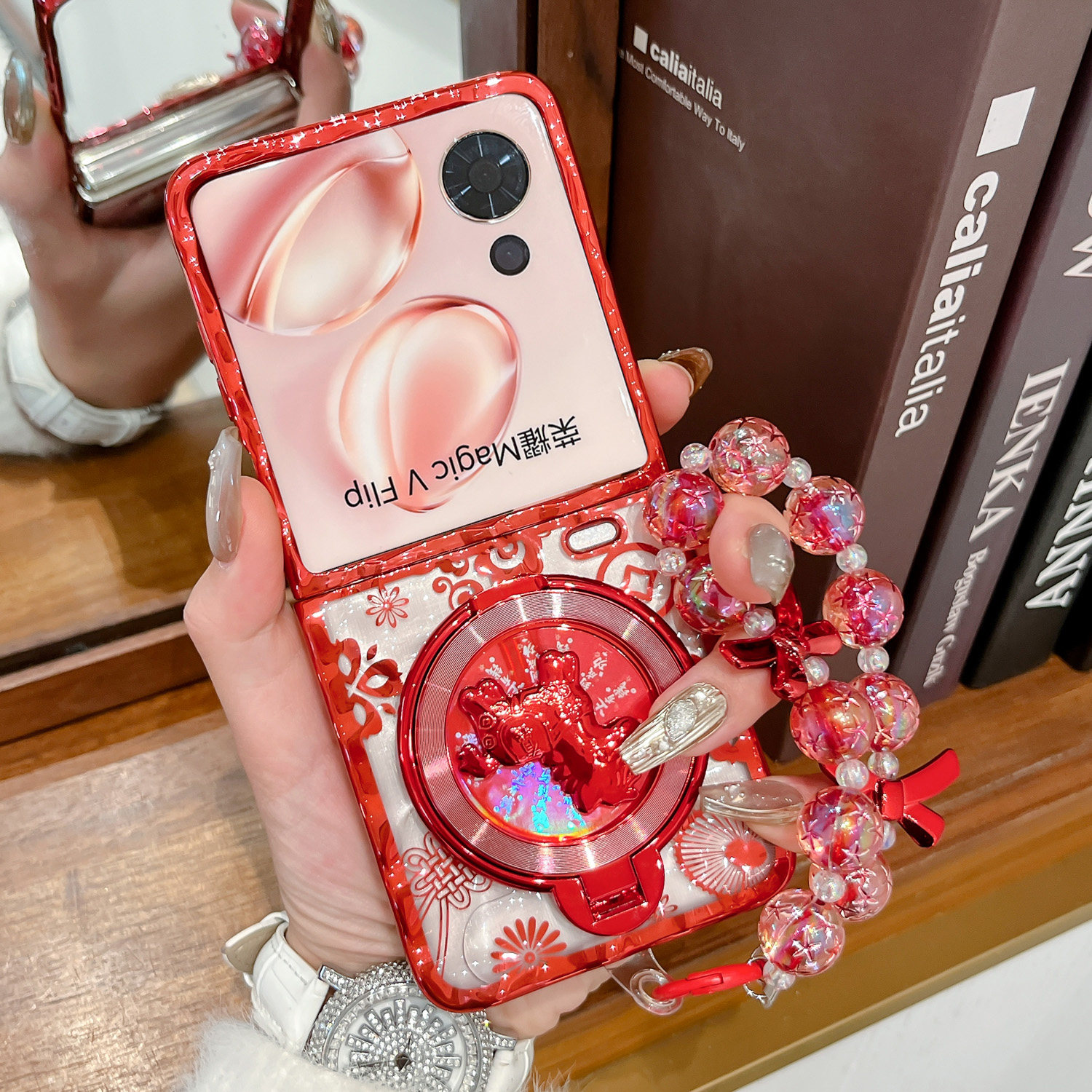 折叠屏透明红色花纹水波纹支架款