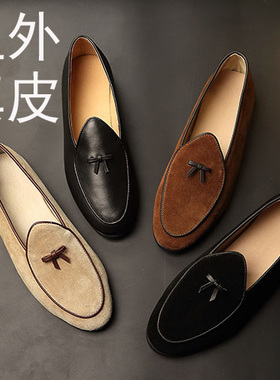 夏季英伦风乐福鞋男士真皮休闲鞋 一脚蹬懒人套脚百搭透气低帮鞋
