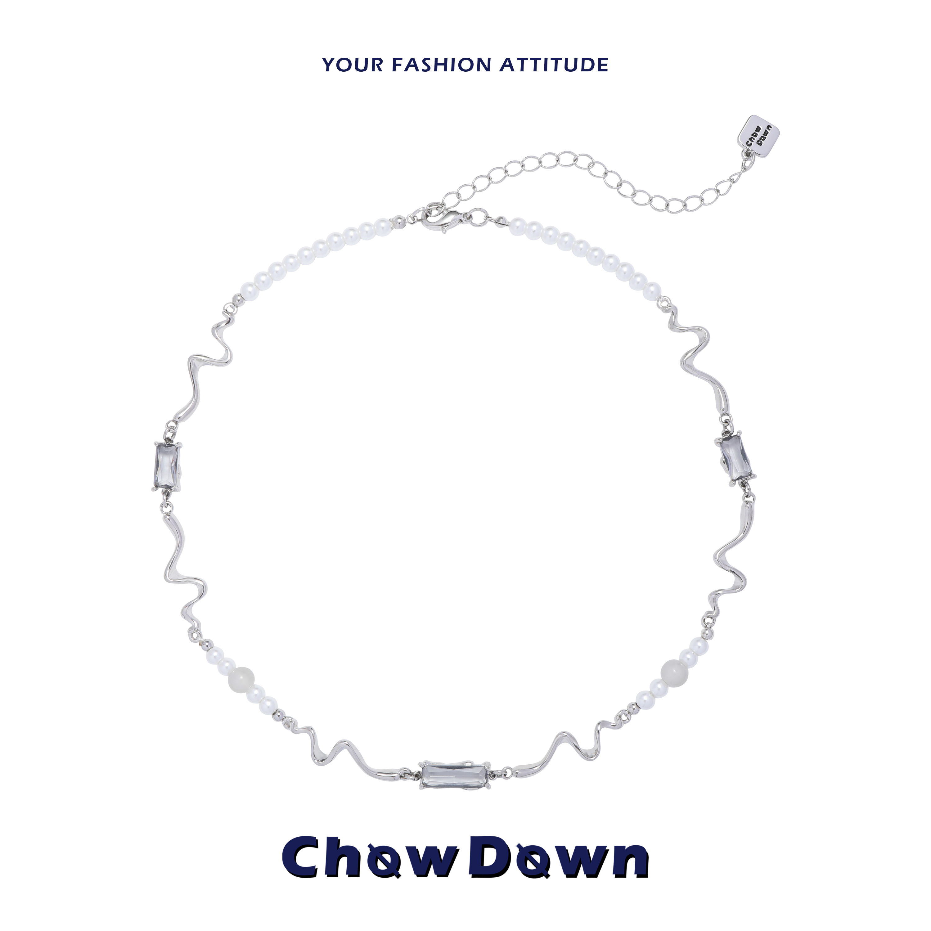 CHOWDOWN灰色方糖锆石珍珠项链