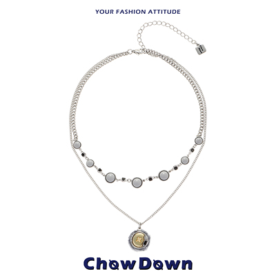 CHOWDOWN毛绒纽扣双层叠戴项链女