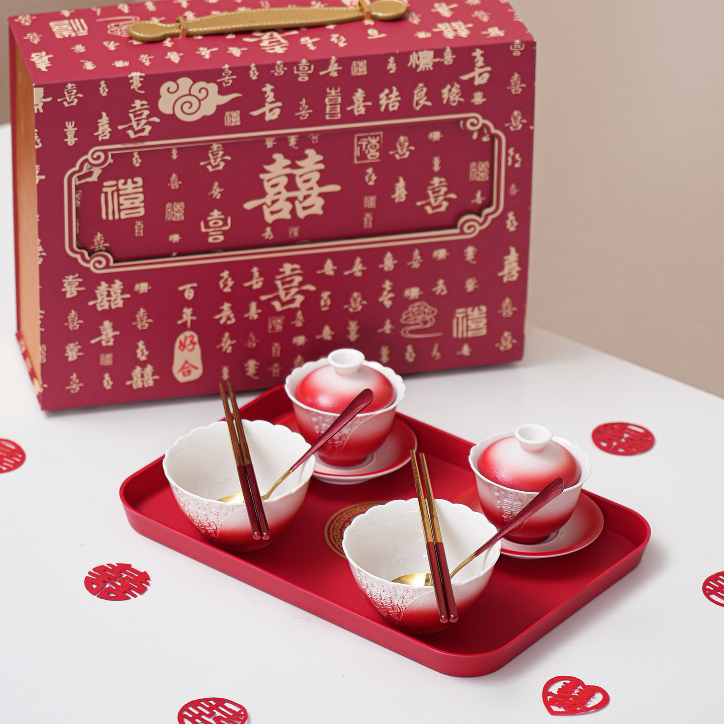 改口敬茶杯结婚盖碗喜碗筷勺托盘套装送新人婚礼百囍陶瓷陪嫁礼盒,节庆用品/礼品,喜碗/敬茶杯,淘宝优惠券,粉丝福利购,淘宝优惠卷