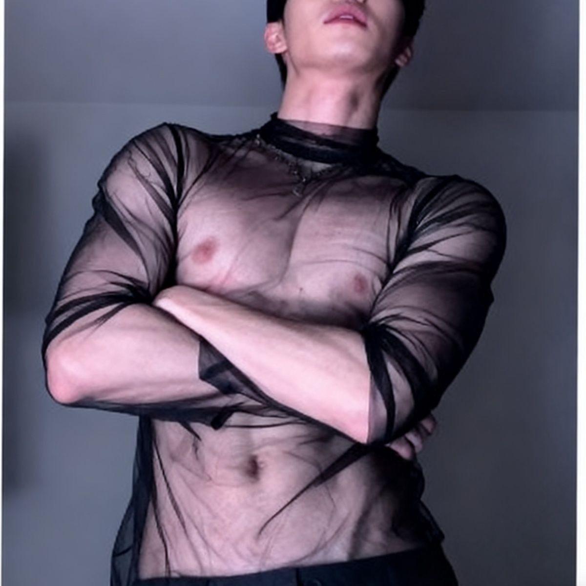 禁欲系网纱透视T恤长袖男士夜店装蕾丝渔网透明柔软高领纯欲上衣