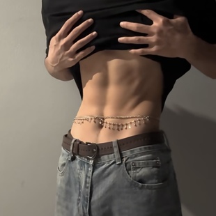 性感流苏美式男模特饰品水钻链条腰饰多层身体链星星水钻流苏腰链