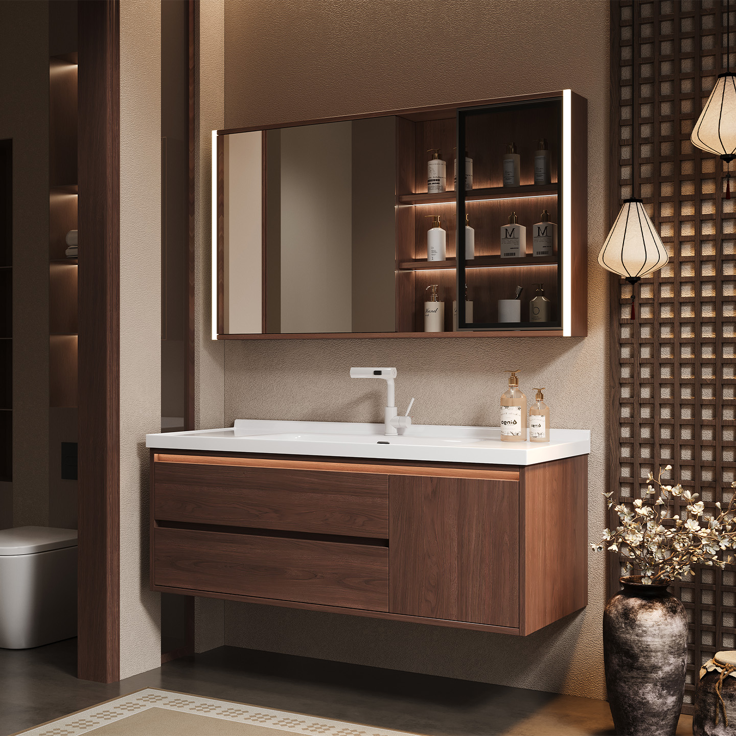 新款中古风陶瓷一体盆浴室柜组合