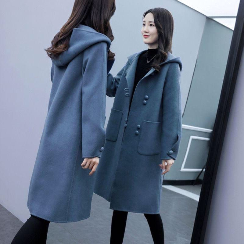 毛呢外套女2021新款秋冬装韩版宽松中长款连帽复古呢子大衣