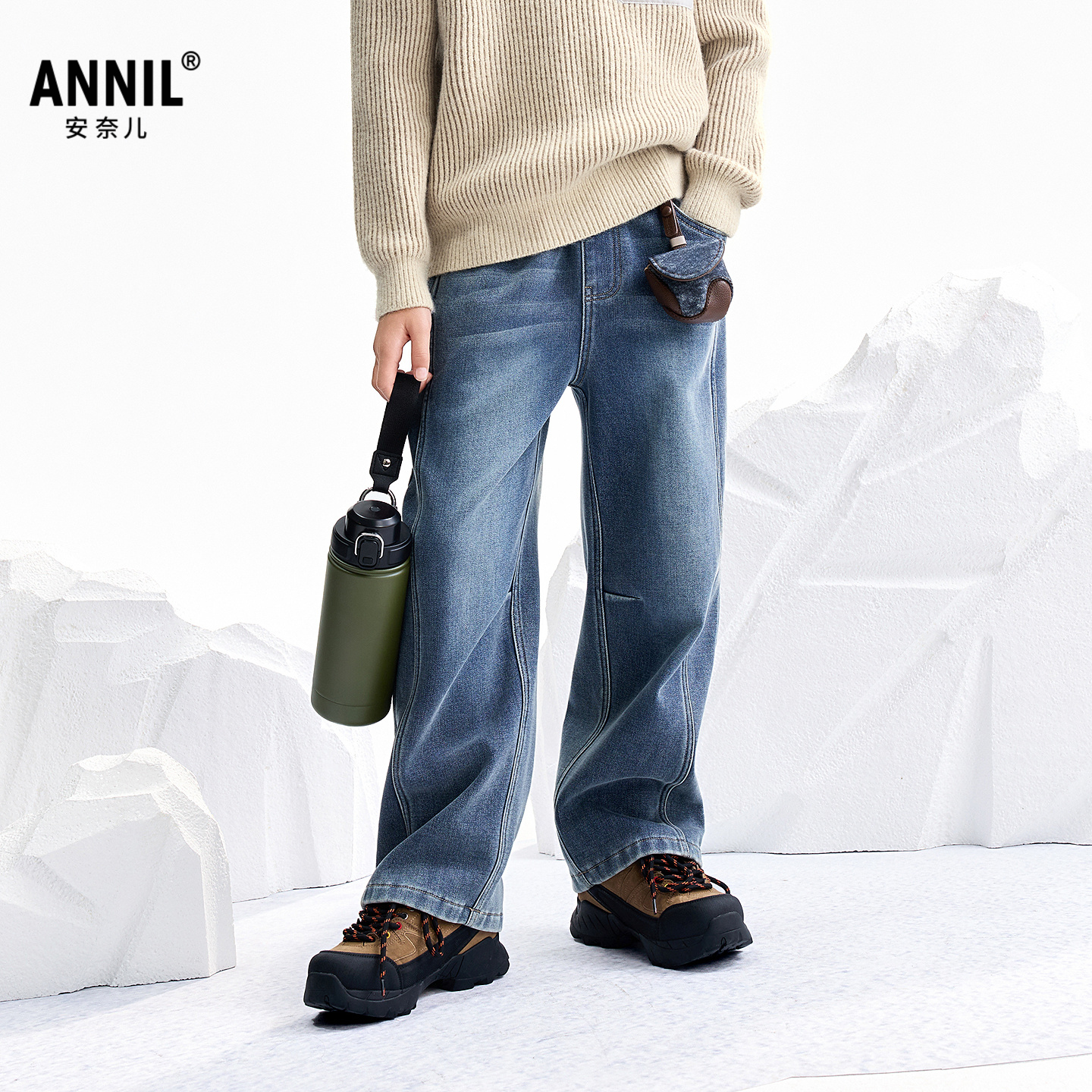 安奈儿男童全腰牛仔长裤2025冬新款