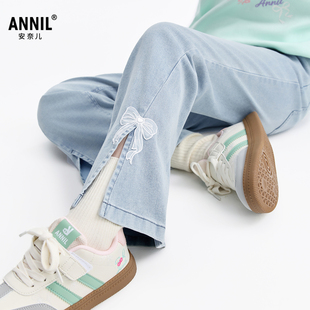 安奈儿童装女童休闲牛仔单裤子2026春蝴蝶结微喇裤喇叭裤开叉脚口