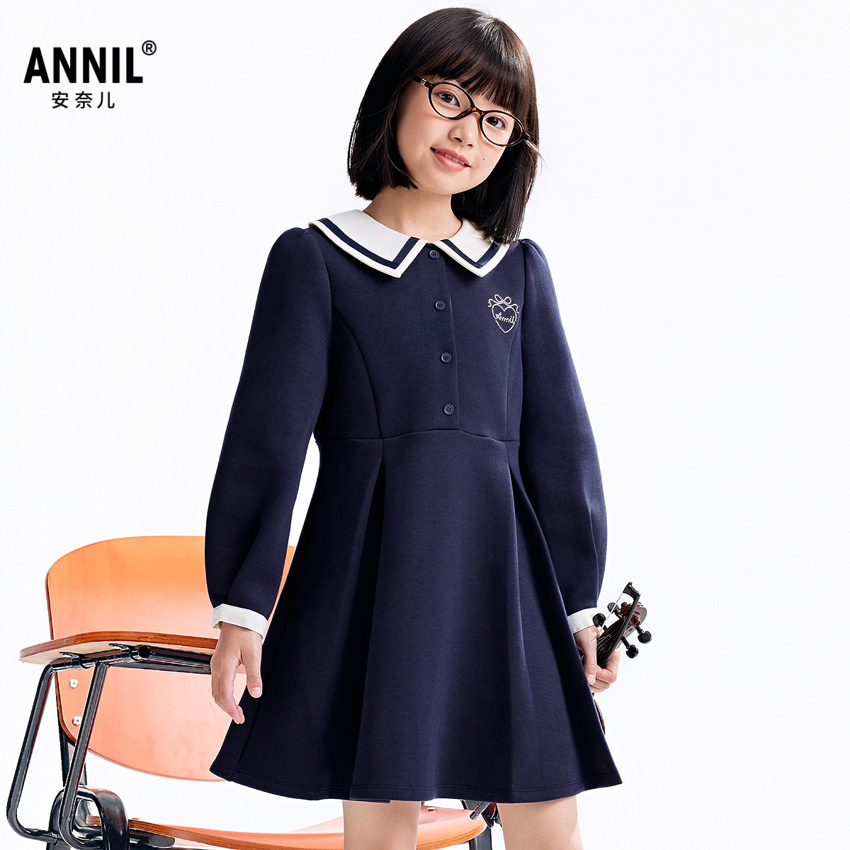 【商场同款】安奈儿童装女童长袖连衣裙2025秋新款压褶裙AG533316