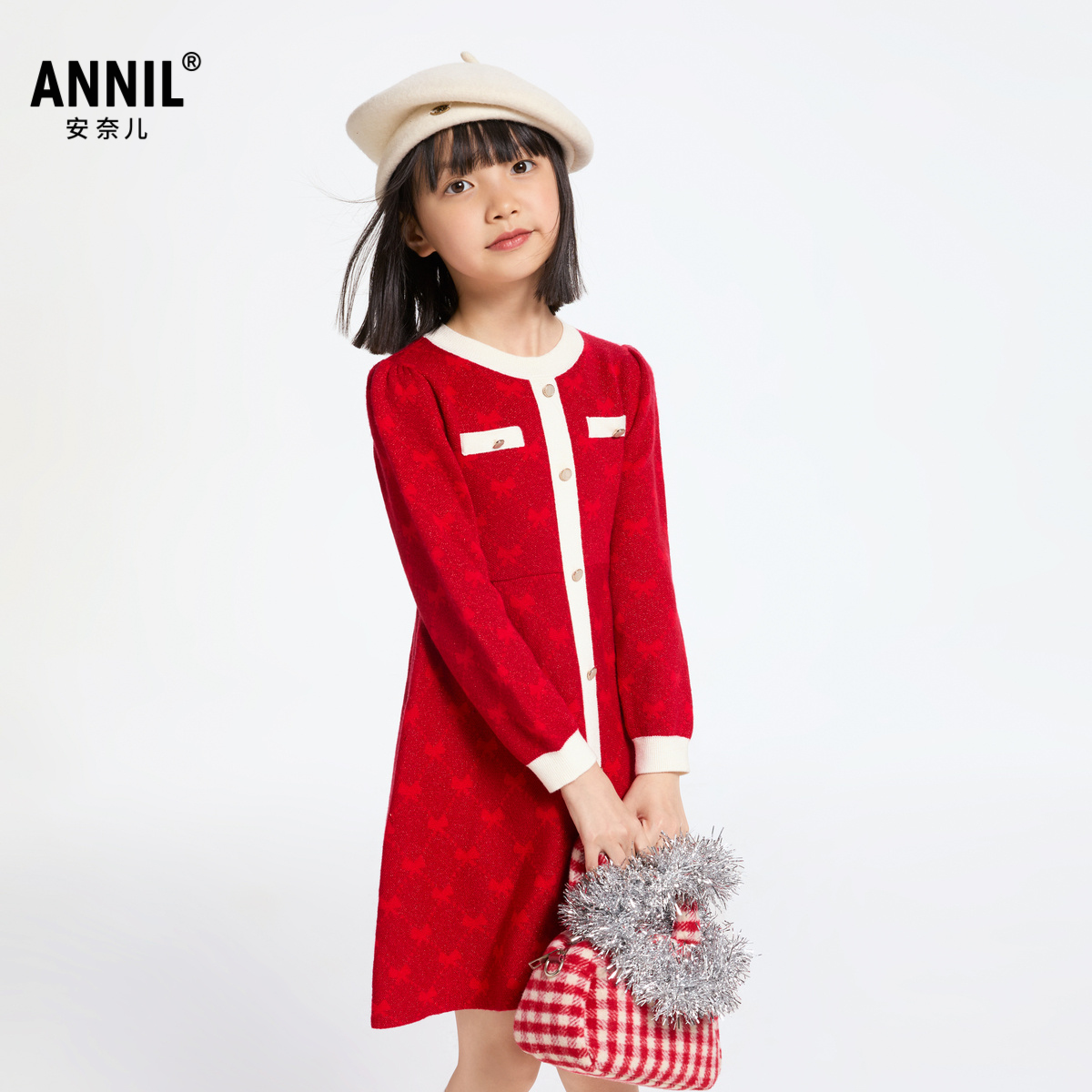 【商场同款】安奈儿童装女童针织连衣裙2024冬新款小香风AG443853