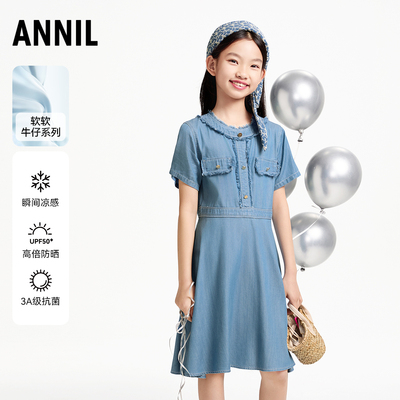 安奈儿童装女童牛仔裙短袖连衣裙2025夏新款