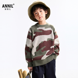 安奈儿童装男童圆领长袖毛衣针织衫2025冬新款迷彩保暖弹力宽松