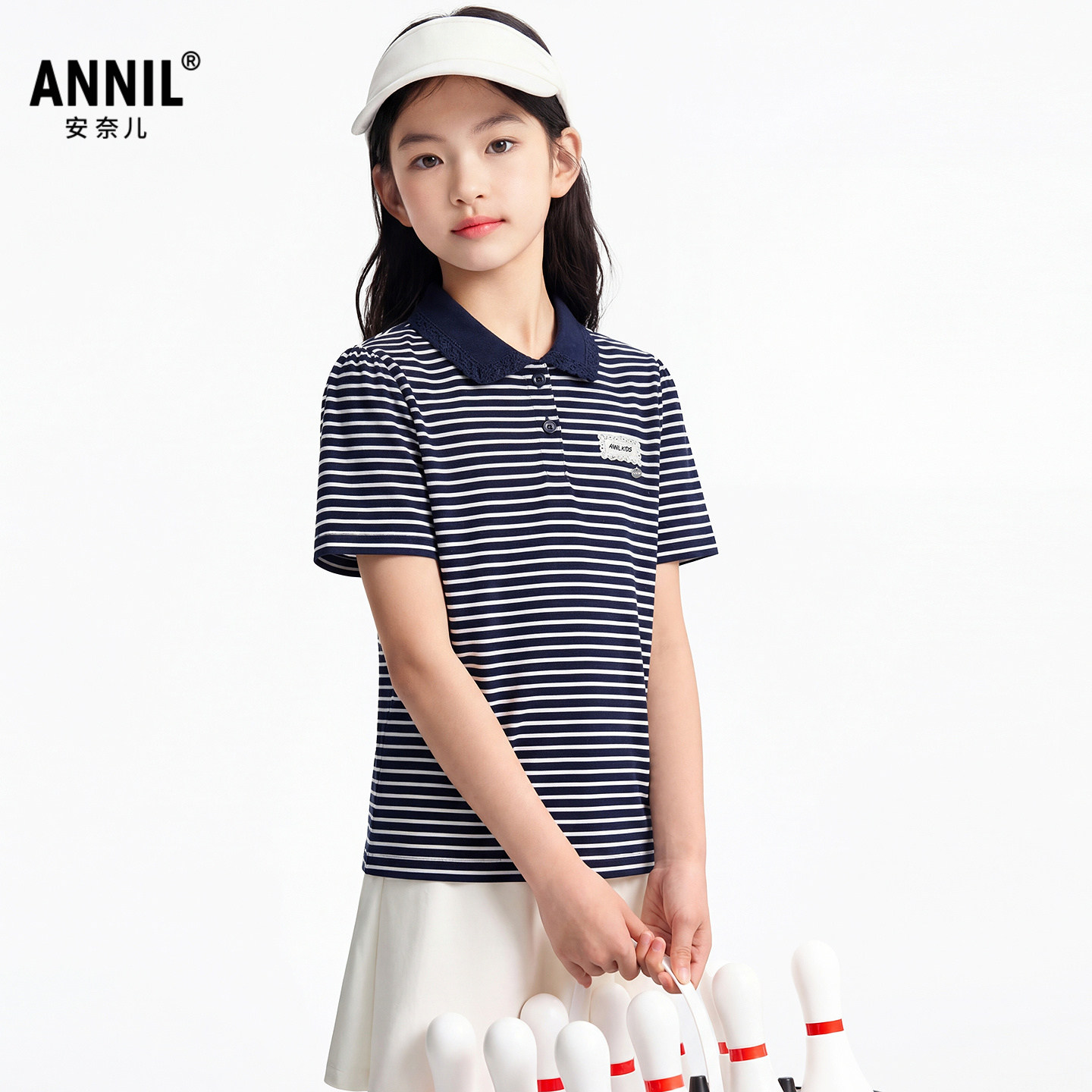 安奈儿童装女童翻领短袖针织衫2026夏新POLO衫条纹蕾丝边撞色学院图片