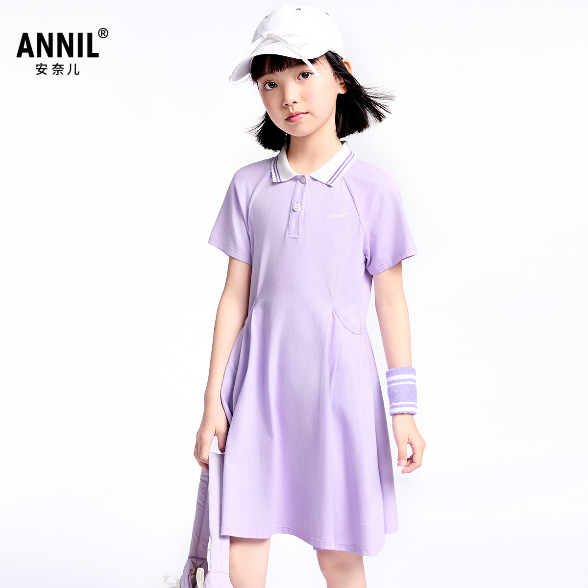 【商场同款】安奈儿童装女童短袖连衣裙2025夏收腰运动裙翻领休闲