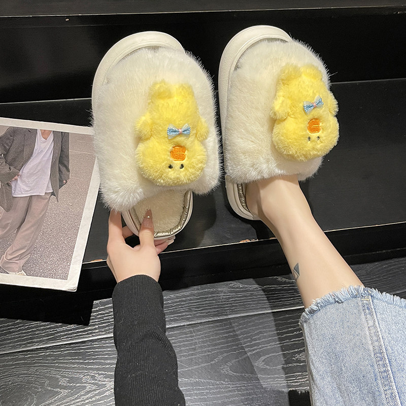 卡通毛毛拖鞋女冬季厚底外穿软底居家室内秋天包头棉拖鞋平底保暖