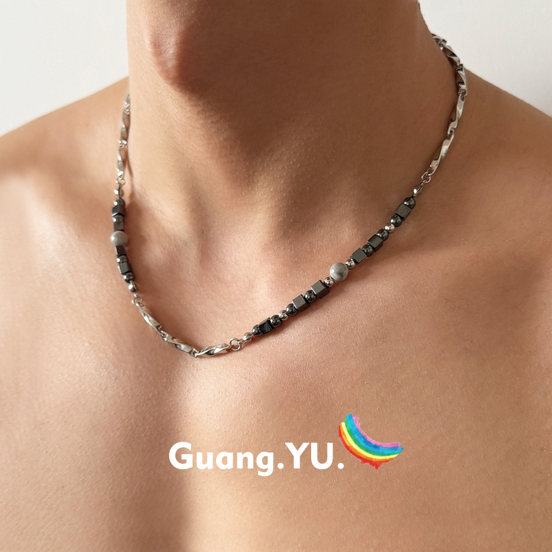 GuangYu方块黑胆石串珠项链男冷淡风不对称设计莫比乌斯钛钢配饰