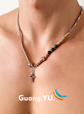 GuangYu镂空星星吊坠男毛衣链钛钢项链拼接天然石配饰新中式设计