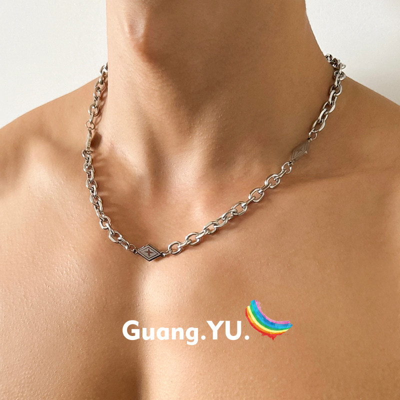 GuangYu菱形拼接链条钛钢项链男款潮流嘻哈小众锁骨链不掉色配饰