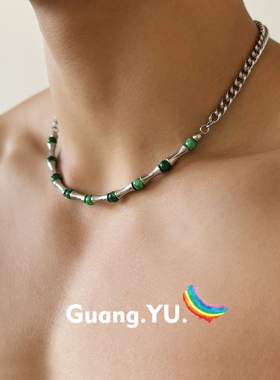 GuangYu新中式绿色天然石串珠项链男钛钢小众复古金属竹节锁骨链