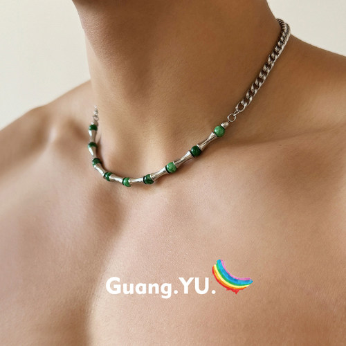 GuangYu中式绿色天然石串珠项链