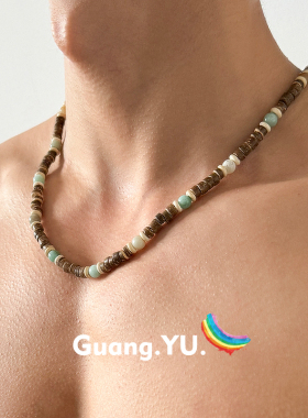 GuangYu波西米亚椰壳串珠项链男款潮流夏天小众度假风个性配饰品