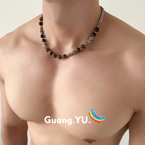 GuangYu虎睛石拼接碎银复古项链