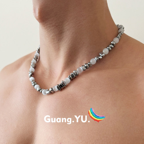 GuangYu猫眼石拼接黑胆石项链男