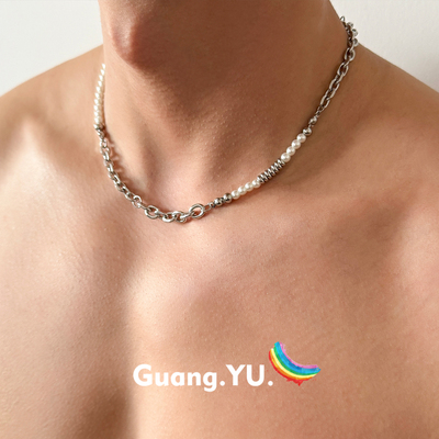 GuangYu不对称串珠珍珠项链男钛钢简约百搭小众链条配饰女锁骨链