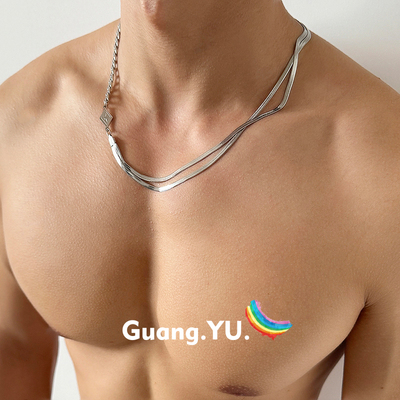 GuangYu双层刀片拼接钛钢项链男