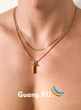 GuangYu金色双层叠戴十字架项链男女轻奢小众钛钢简约百搭锁骨链