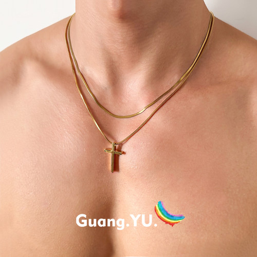 GuangYu金色双层叠戴十字架项链男女轻奢小众钛钢简约百搭锁骨链
