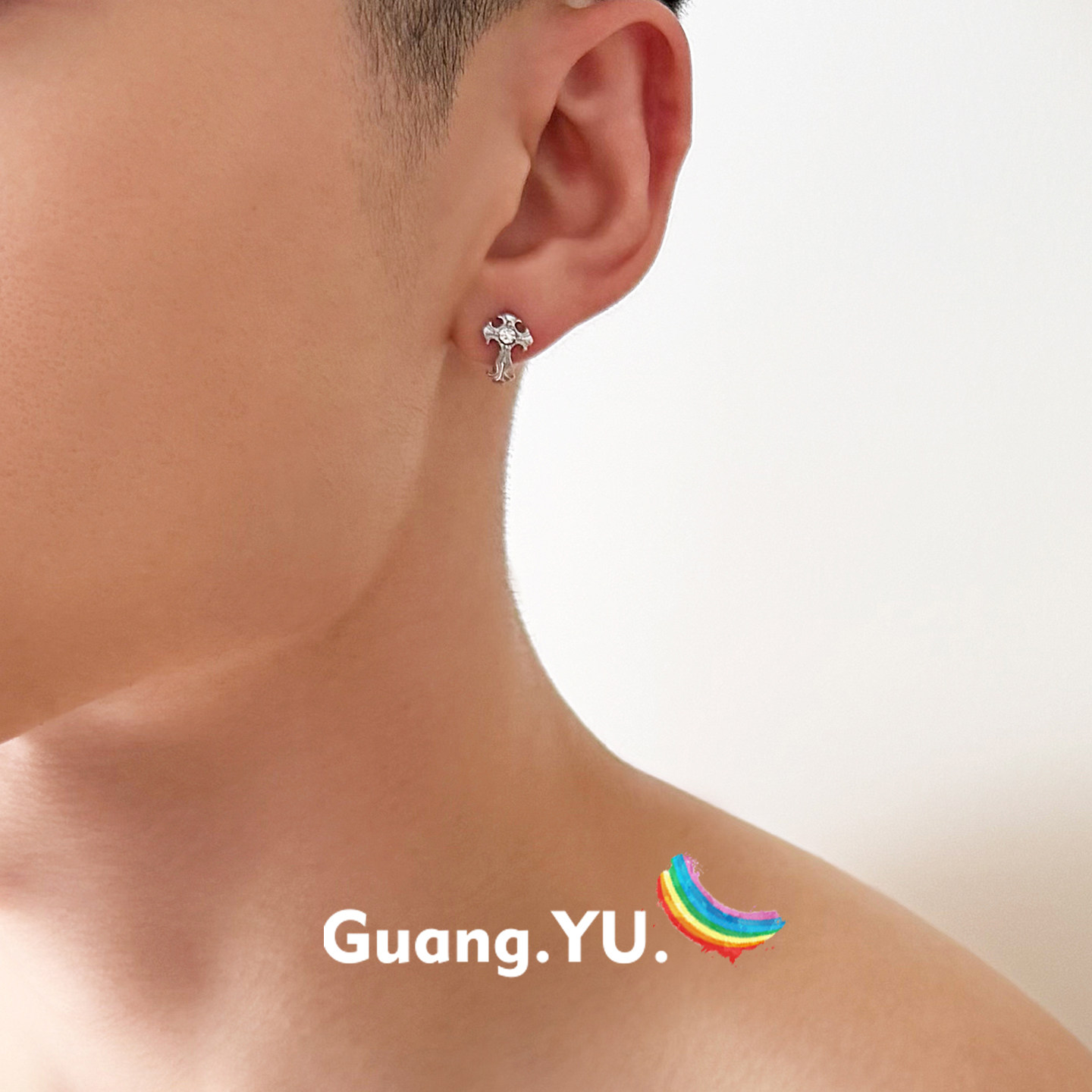 GuangYu鸢尾花十字架钛钢耳环男女美式复古设计感圈圈耳扣耳饰潮