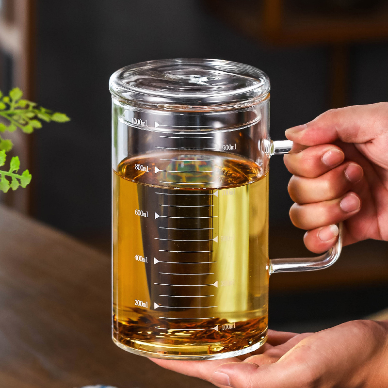 1000ml超大容量耐热玻璃杯特大带刻度量杯办公室喝水杯加厚泡茶杯