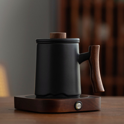 实木把手陶瓷杯子茶水分离水杯