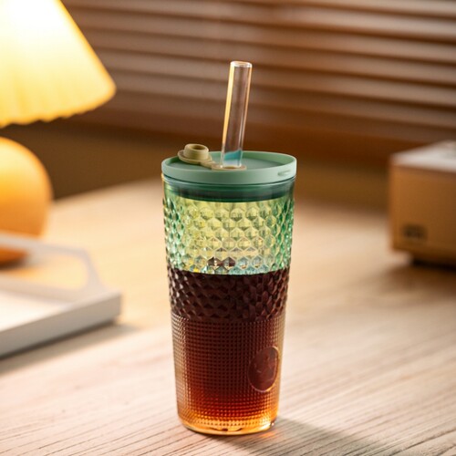 复古浮雕吸管杯，加粗玻璃吸管