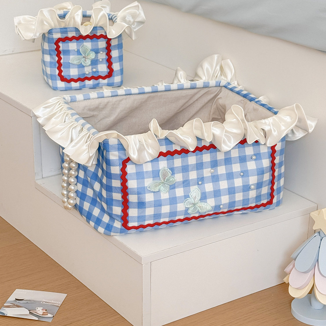 多功能收纳盒格子花边撞色奶油荷叶边高颜值脏衣筐零食可爱储物篮