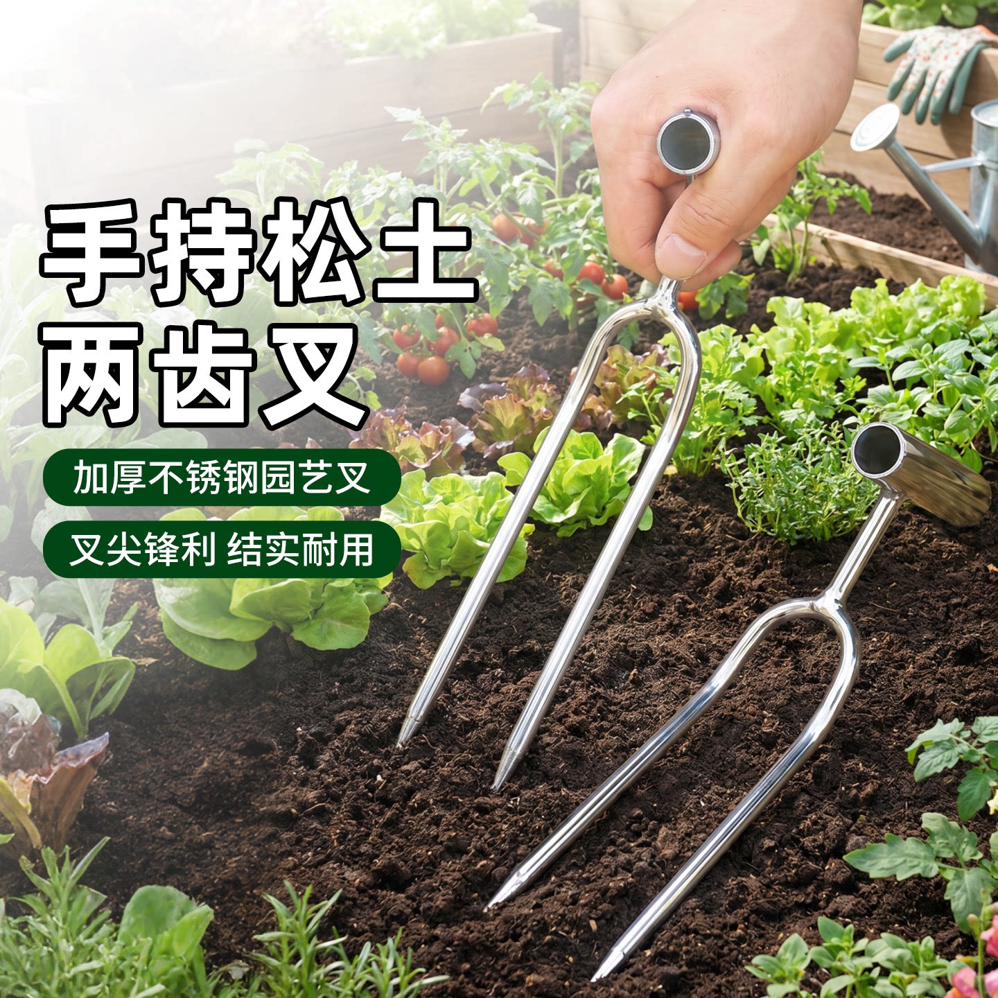 松土神器两齿叉耙子翻土锄地花盆松土加厚不锈钢园艺工具结实耐用