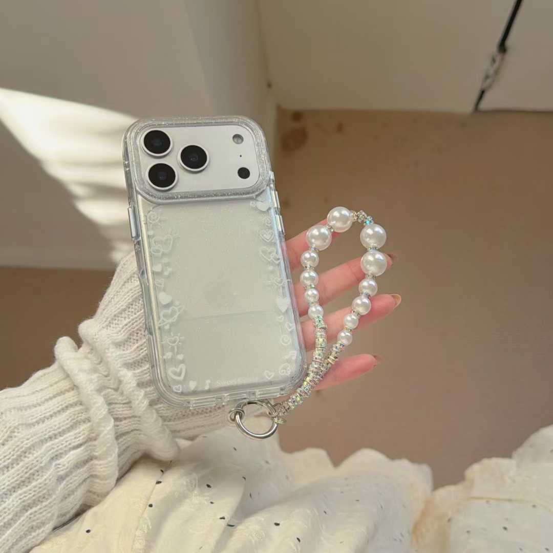 围边白色爱心适用苹果17pro全包手机壳圆边气囊iphone17promax防摔保护套16系列真空气囊外壳珍珠挂绳