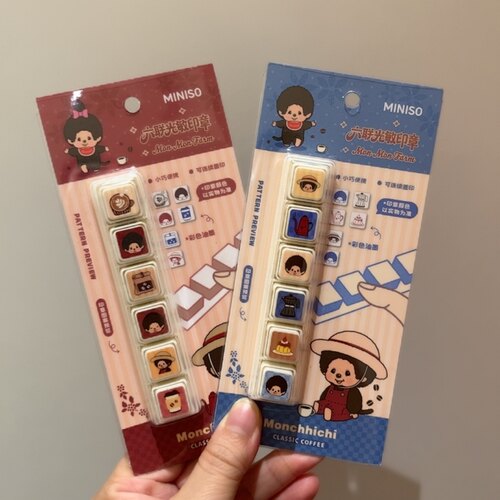 全新miniso快闪萌趣趣咖啡农场系列可拆卸六联光敏印章monchhichi