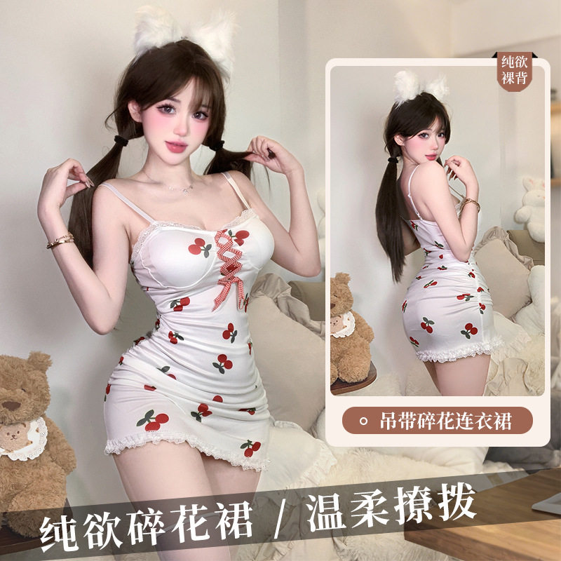 姬GILL性感内衣纯欲蕾丝柔纱透视可爱甜美樱桃绑带睡裙短裙套装女