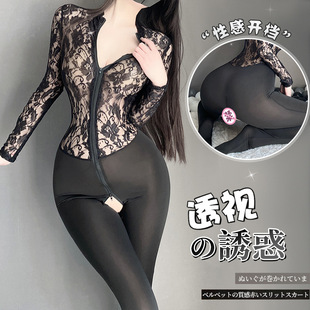 姬GILL黑衣人长袖紧身衣内衣性感蕾丝透视秘书拉链连体连身衣套装