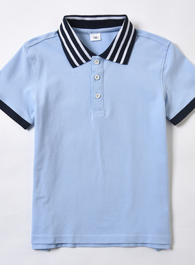 儿童纯棉polo衫浅蓝色男童女童短袖蓝色校服t恤初中生小学生校服