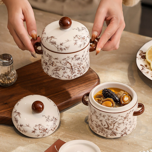 漫时光鹊跃枝头双耳碗一人份隔水炖瓦罐汤炖盅家用陶瓷带盖多功能
