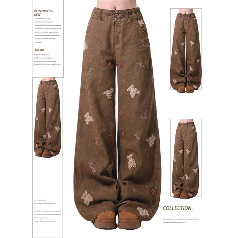 Rayohopp小熊刺绣牛仔裤女加绒加厚秋冬款美式复古长裤阔腿裤子潮