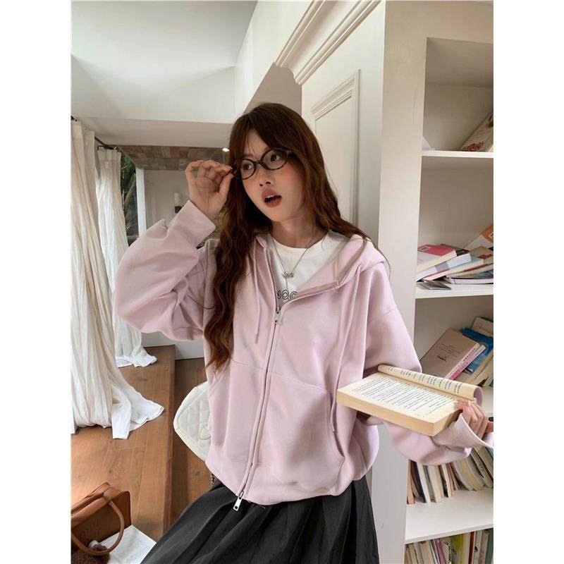 PPHOME自制~慵懒好版型 粉色连帽卫衣外套女秋季拉链宽松长袖上衣